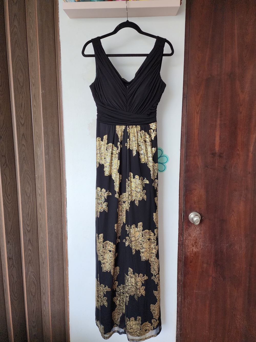 Sangria Black Maxi Dress with Gold Floral Print